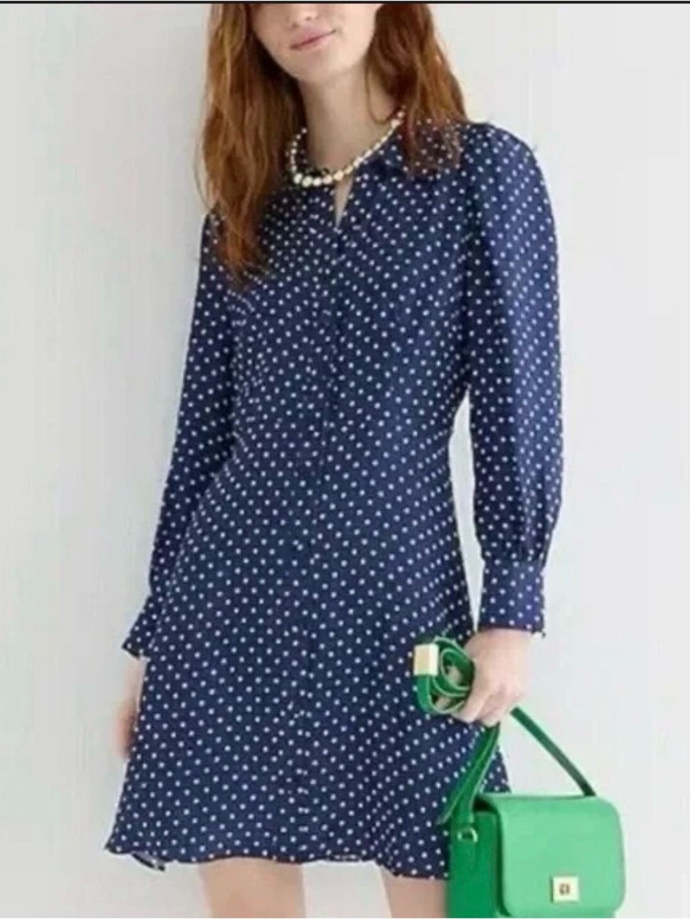 J. Crew Navy Cupro Shirtdress Size 12 in Becklow Polka Dot Print Blue Buttons